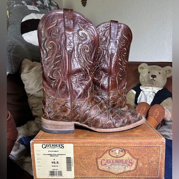 Cavender's Old Gringo Men's Brown Pirarucu Square Toe Boots fish Sz 10.5 - Picture 1 of 12